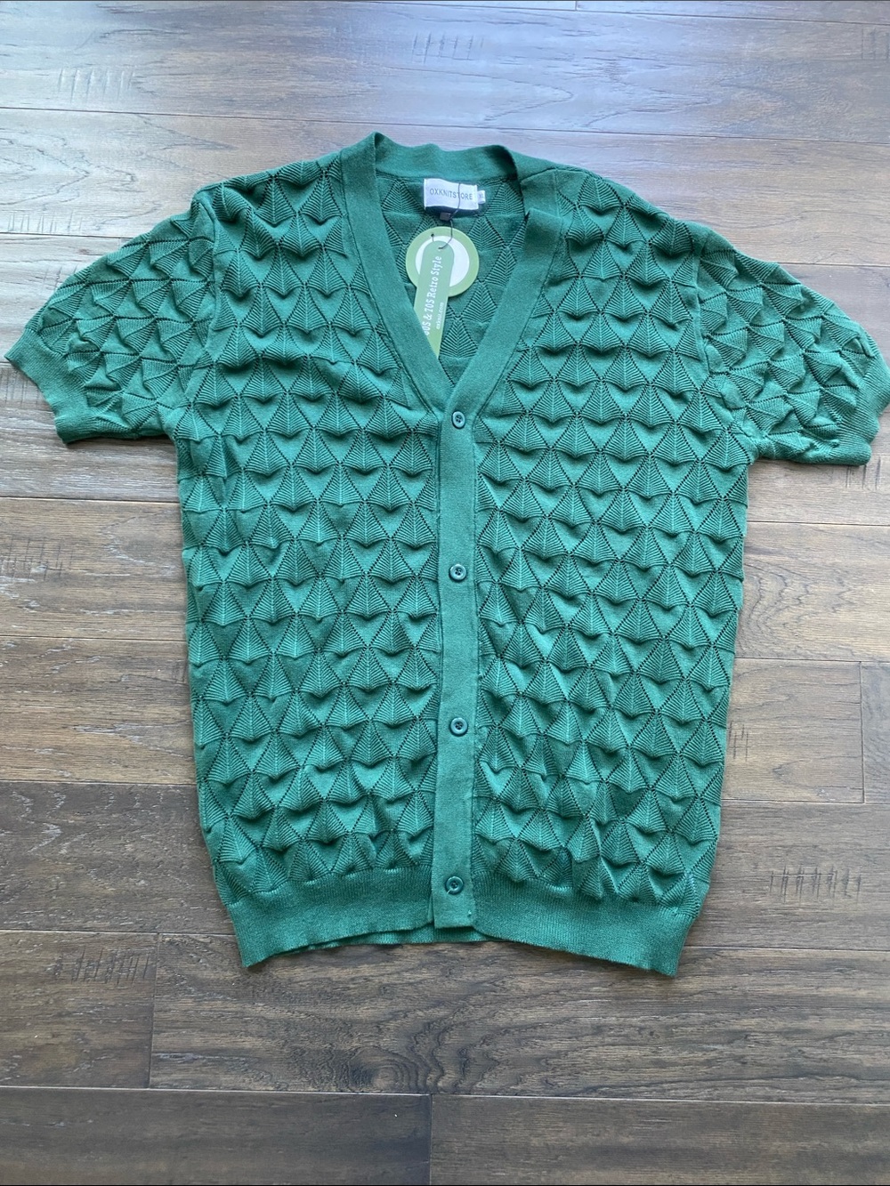 Oxknit Textured Short Sleeve Green Cardigan Sweater Mens Sz XL Button Down